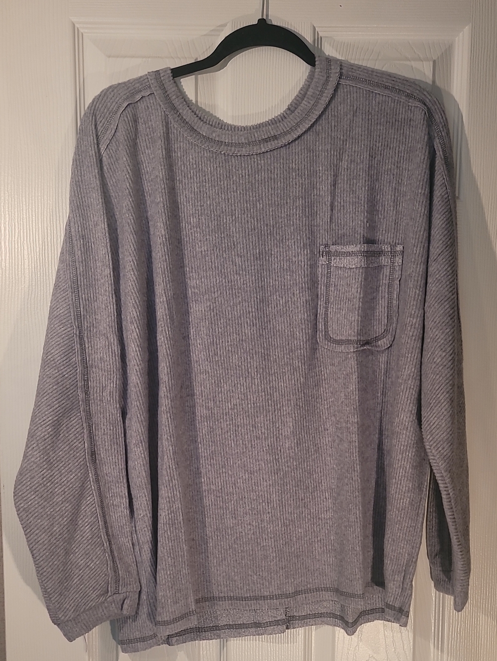 Zenana Full Size Contrast Stitching Brushed Ribbed Hacci Knit Top.
